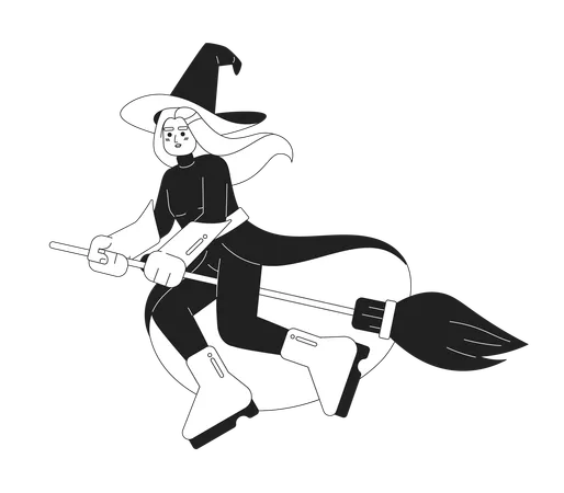 Good Witch Flying On Broomstick Monochromatic Flat Vector Character Editable Full Body Silver Hair Woman Doing Magic Tricks On White Simple Bw Cartoon Spot Image For Web Graphic Design Illustration