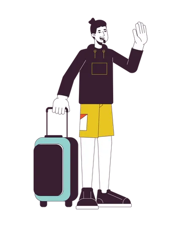 Goodbye Waving Man Holding Suitcase Flat Line Color Vector Character Editable Outline Full Body Person On White Hello Male Luggage Carrying Simple Cartoon Spot Illustration For Web Graphic Design Illustration