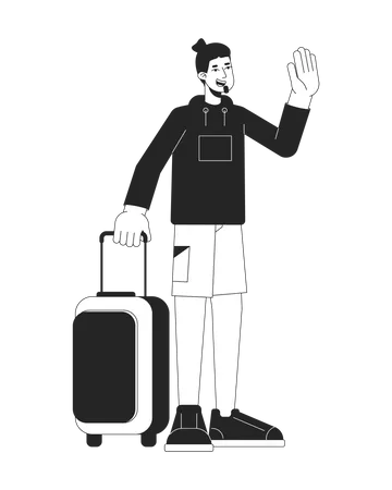 Goodbye Waving Man Holding Suitcase Flat Line Black White Vector Character Editable Outline Full Body Person Hello Male Luggage Carrying Simple Cartoon Isolated Spot Illustration For Web Design イラスト