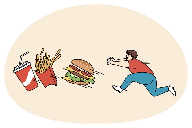 Cara gordo correndo atrás de fast food  Ilustração
