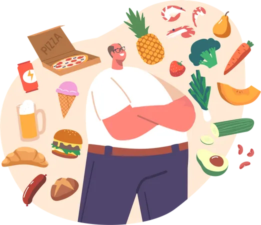 El hombre gordo elige entre comida sana o no saludable  Ilustración