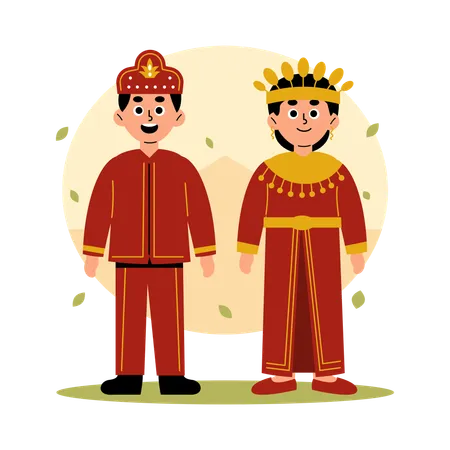 Illustration Of A Man And Woman Dressed In Traditional Gorontalo Clothing Showcasing The Rich Cultural Heritage Of Indonesia Illustration