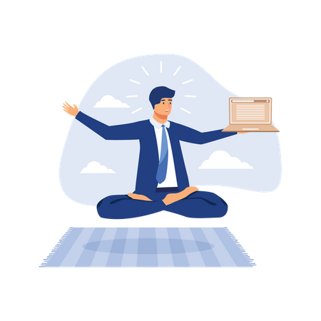 Gourou ou expertise des affaires, conseiller ou consultant professionnel, pensée intelligente pour résoudre le concept de problème, homme d'affaires de génie assis méditant en travaillant avec un ordinateur portable flottant dans les airs.  Illustration