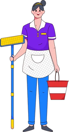 Governanta feminina com esfregão e balde  Ilustração
