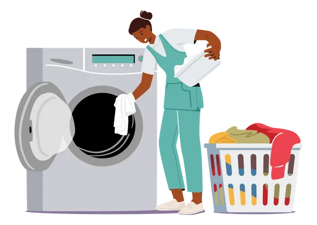 Governanta feminina lavando roupas na máquina de lavar  Ilustração