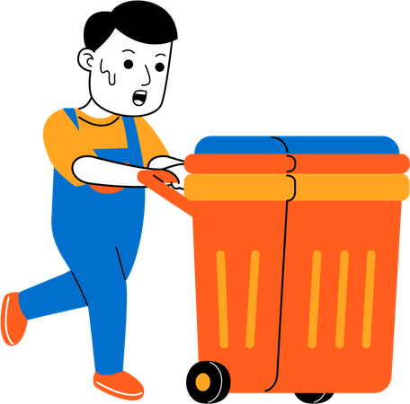 Governanta masculina empurrando lata de lixo  Ilustração