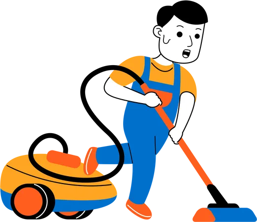 Governanta masculina limpando o chão usando aspirador de pó  Ilustração