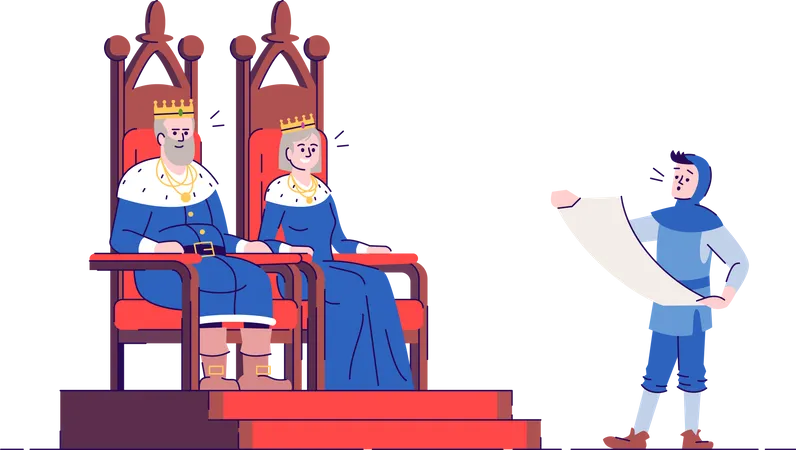 Governantes medievais do reino em tronos com mensageiro real  Ilustração