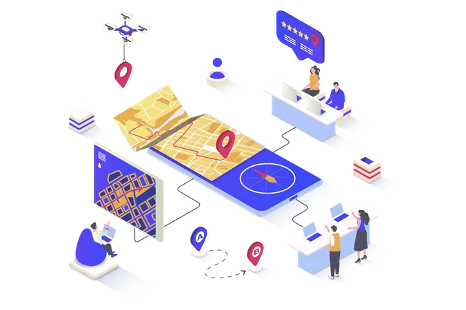 GPS Navigation Concept In 3 D Isometric Design Map Navigation System With Pointer Road Traffic And Online Tracking In Mobile App Screen Vector Illustration With Isometry People Scene For Web Graphic Illustration
