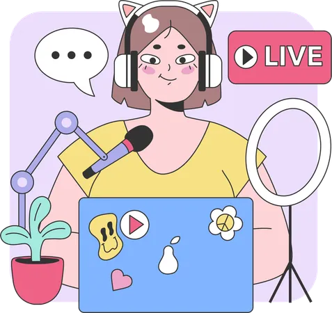 Grabación de podcast de mujer.  Ilustración