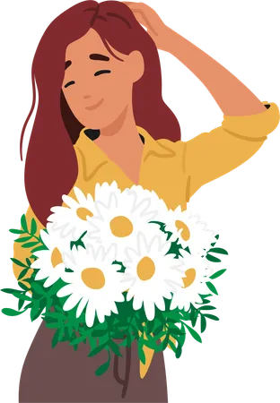 Graceful Maiden Character Posing With Bouquet Of Chamomile Blooms Their Delicate Petals Mirroring Her Youth Gift Of Nature Embraced In Her Hands Radiating Purity Cartoon People Vector Illustration Illustration