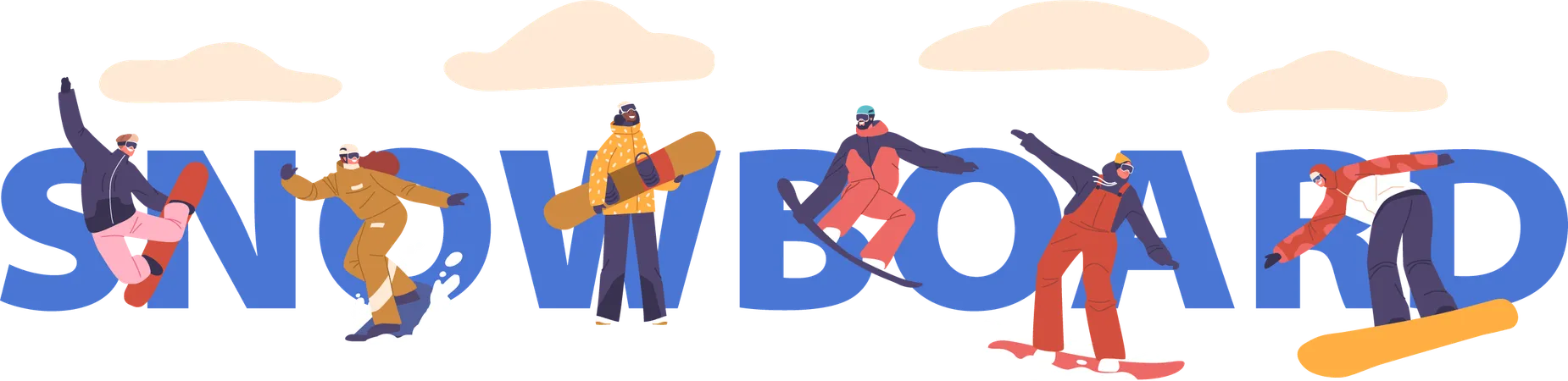 Characters On Snowboards Graceful Riders Carve Through Snow Effortlessly Navigate Slopes Merging Skill With Nature In A Dance Of Winter Exhilaration Vector Concept For Banner Poster Or Flyer Illustration