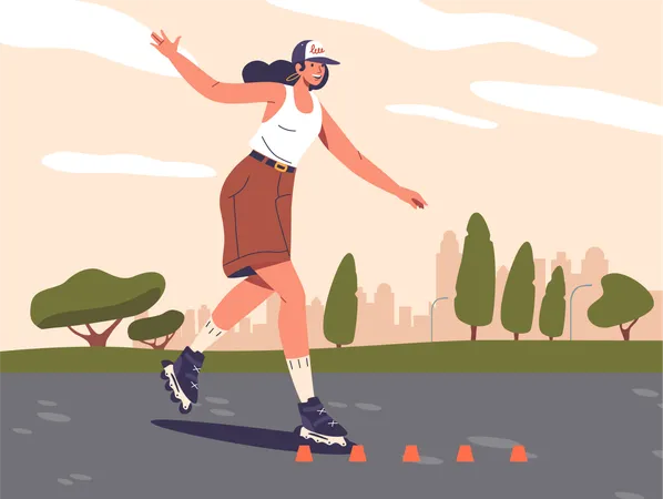 Graceful Teen Girl Glides Through The Park On Roller Skates Weaving Between Cones With Effortless Skill On Sunny Day Young Female Character Exercising On Rollerblades Cartoon Vector Illustration Illustration
