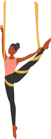 Graceful Woman Character Suspended In Aerial Yoga Hammock with Raised Leg  Illustration