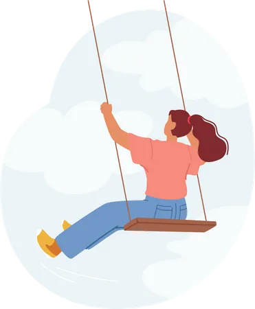 Graceful Woman Swings Gently On Rope Seesaw Against Blue Cloudy Sky Rear View Female Character Exuding Timeless Joy And Freedom In Her Serene Rhythmic Motion Cartoon People Vector Illustration Illustration