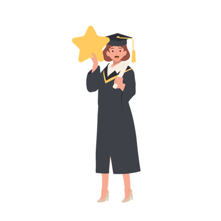 Graduada de honor femenina en ceremonia de graduación universitaria sosteniendo una estrella  Ilustración
