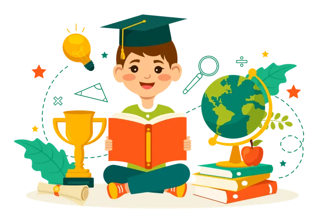 Graduate boy sitting with trophy and books  Illustration