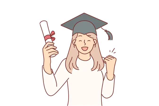 Graduate Girl In University Student Hat Happily Waves Hands After Passing Exams And Holds Certificate Of Higher Education Successful Female College Graduate Celebrating Graduation Illustration