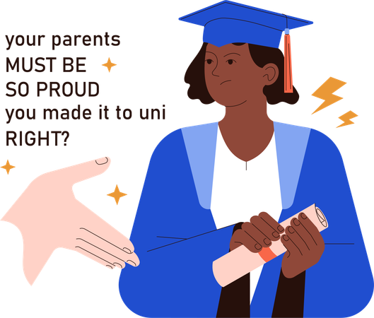 Graduate girl holding degree while parents feeling proud  Illustration