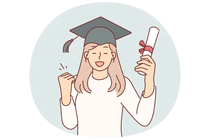 Graduate girl in university student hat after passing exams and holds certificate of education  Illustration