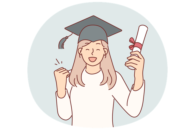 Graduate girl in university student hat after passing exams and holds certificate of education  Illustration
