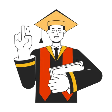 Graduate Man In Robe And Academic Cap Flat Line Color Vector Character Editable Outline Half Body Student Show V Sign On White Education Simple Cartoon Spot Illustration For Web Graphic Design Illustration