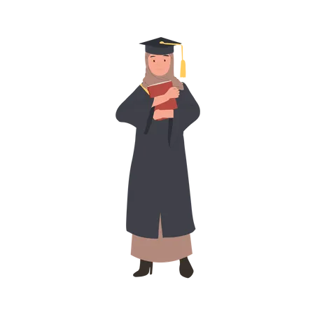 Education Graduation And People Concept Young Muslim Woman Graduate Holding A Book Smiling Student With Diploma Illustration