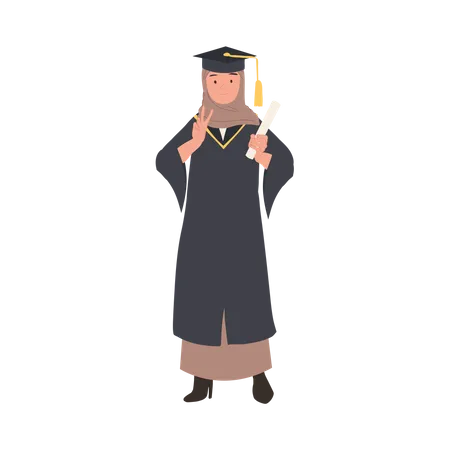 Education Graduation And People Concept Smiling Muslim Woman Graduating Student In Cap And Gown Celebrating Success In Education Illustration