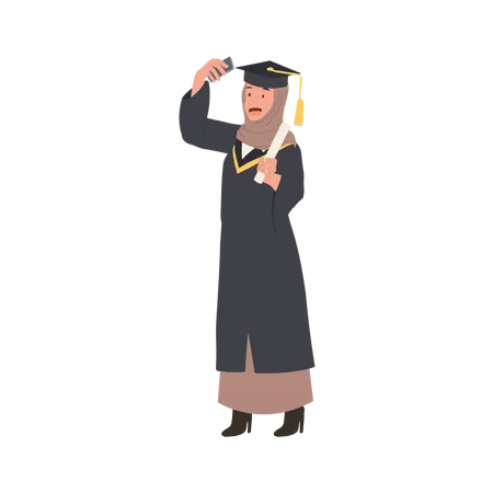 Education Graduation And People Concept Young Muslim Woman Graduate Taking Selfie Illustration