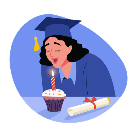 Graduate student blowing candle  Illustration