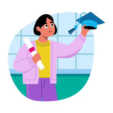 Graduate student holding graduate degree and cap  Illustration