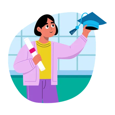 Graduate student holding graduate degree and cap  Illustration