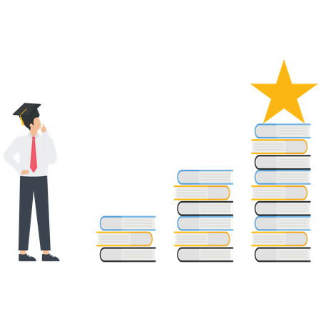 Graduate student looks at a star on top of a stack of books  イラスト