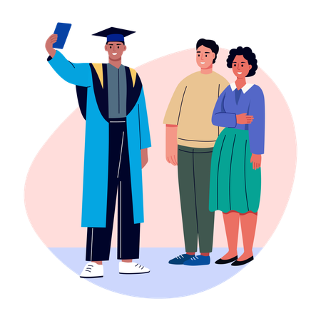 Graduate student taking family selfie  Illustration