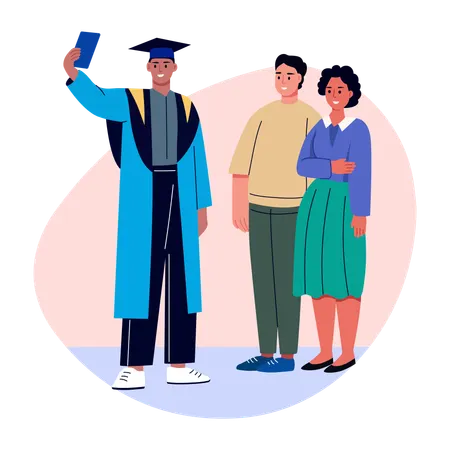 Graduate student taking family selfie  Illustration