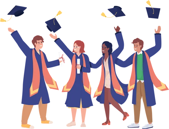 Graduating Students Semi Flat Color Vector Characters Education Achievement Editable Figures Full Body People On White Simple Cartoon Style Illustration For Web Graphic Design And Animation Illustration