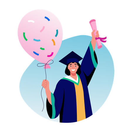 Graduate woman with balloon and certificate  Illustration
