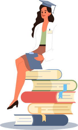 Graduated girl sitting on books  Illustration