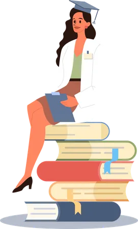 Graduated girl sitting on books  Illustration