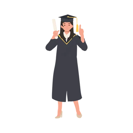 Education Graduation And People Concept Smiling Graduating Student In Cap And Gown Is Thumb Up Celebrating Success In Education Illustration