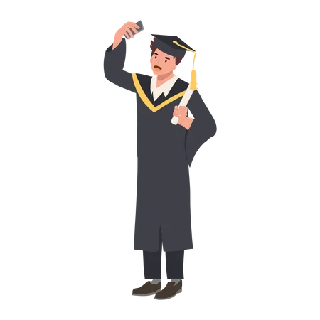 Education Graduation And People Concept Young Man Graduate Taking Selfie Happy Graduate Captures Selfie Moment Illustration