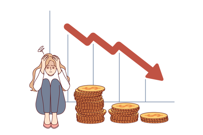 Problema de quiebra para las niñas que perdieron ahorros debido a la crisis financiera que se encuentra cerca de la caída del gráfico.  Ilustración