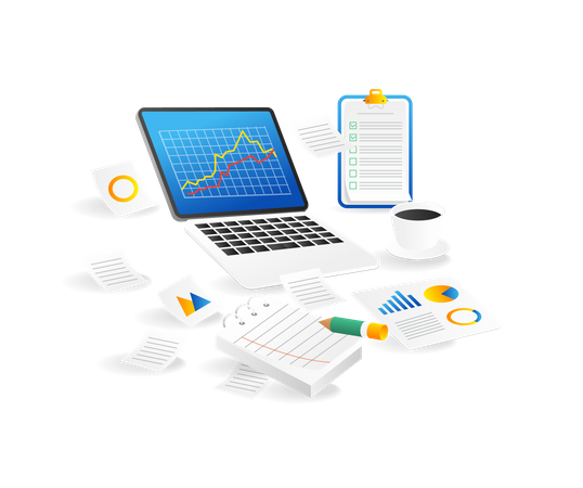 Gráfico de análise de dados de negócios de investimento no computador  Ilustração