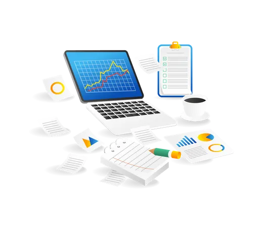 Gráfico de análisis de datos de negocios de inversión en computadora  Ilustración