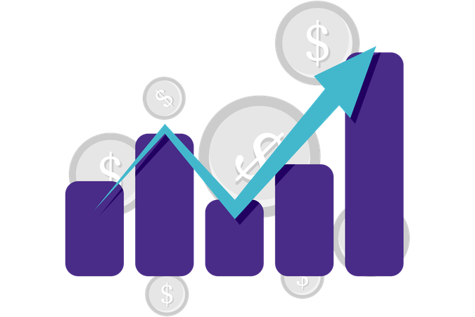 Gráfico de barras ascendente con moneda  Ilustración