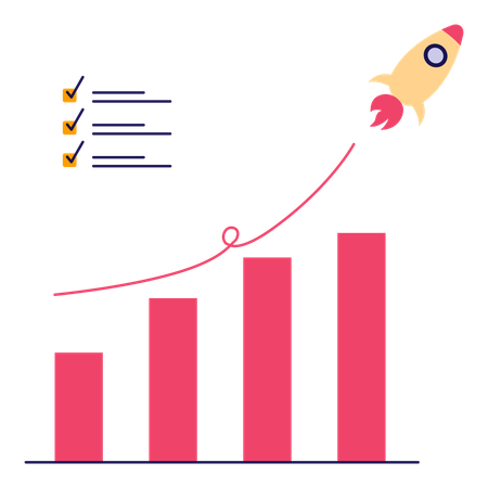 Gráfico de crecimiento empresarial con cohete  Ilustración