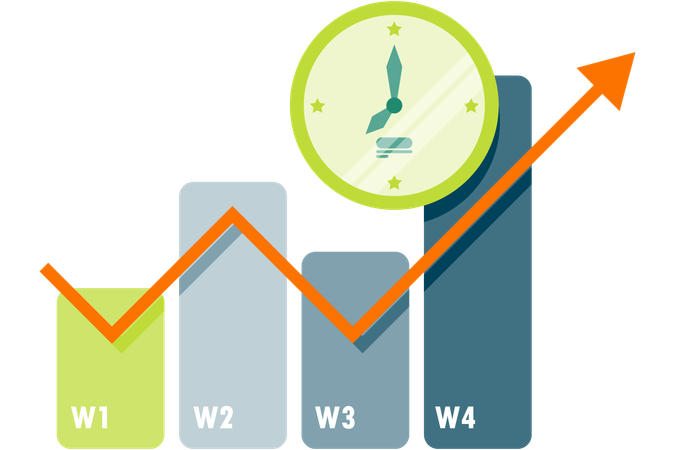 Reloj y gráfico de crecimiento empresarial.  Ilustración