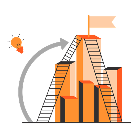 Gráfico de crescimento de negócios com escada e lâmpada  Ilustração