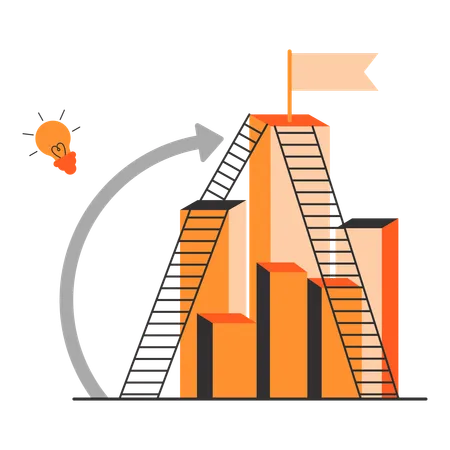 Gráfico de crescimento de negócios com escada e lâmpada  Ilustração