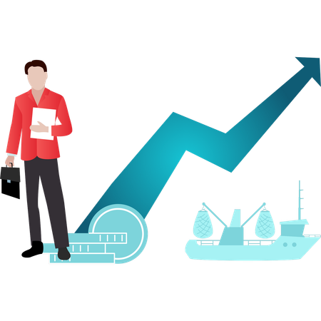 Menino em pé com gráfico de exportação de negócios  Ilustração